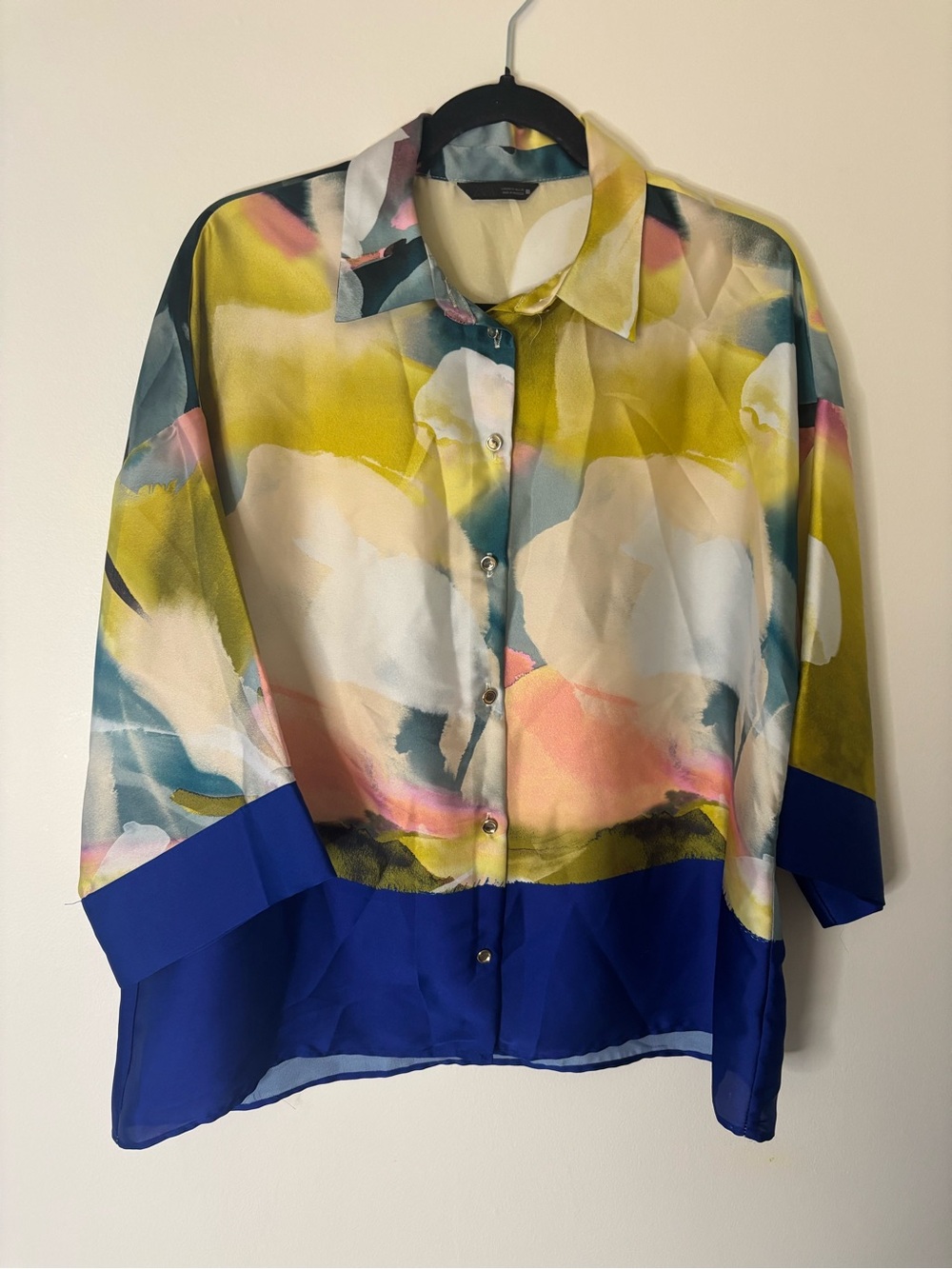 Zara Floral Watercolor Button-Front Silk Top in Yellow & Blue